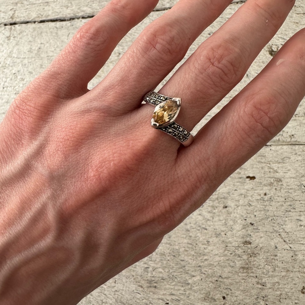 Vintage Sterling Citrine And Marcasite Ring Size 9